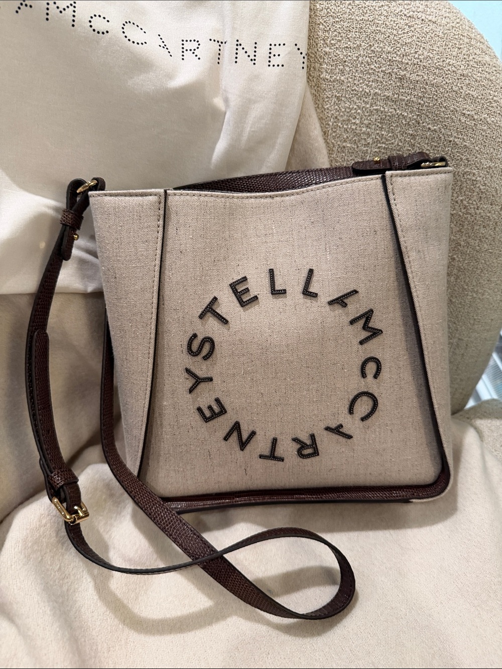 Stella McCartney Beige Canvas Crossbody with Brown Trim and Strap